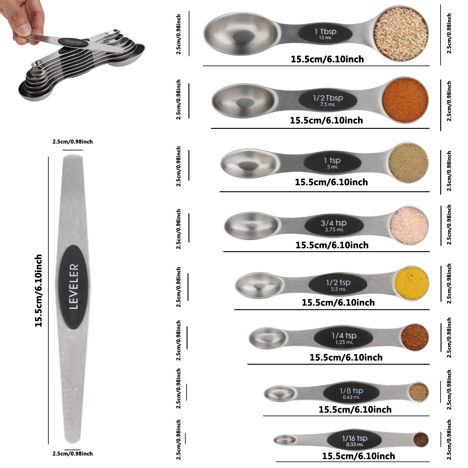 Measuring Spoon Set of 8 Magnetic Measuring Spoons Dual Sided Stainless Steel Measuring Spoons Stackable Nesting Tablespoon Teaspoon, Fits in Spice Jars, for Dry or Liquid Ingredients，black - Image 2