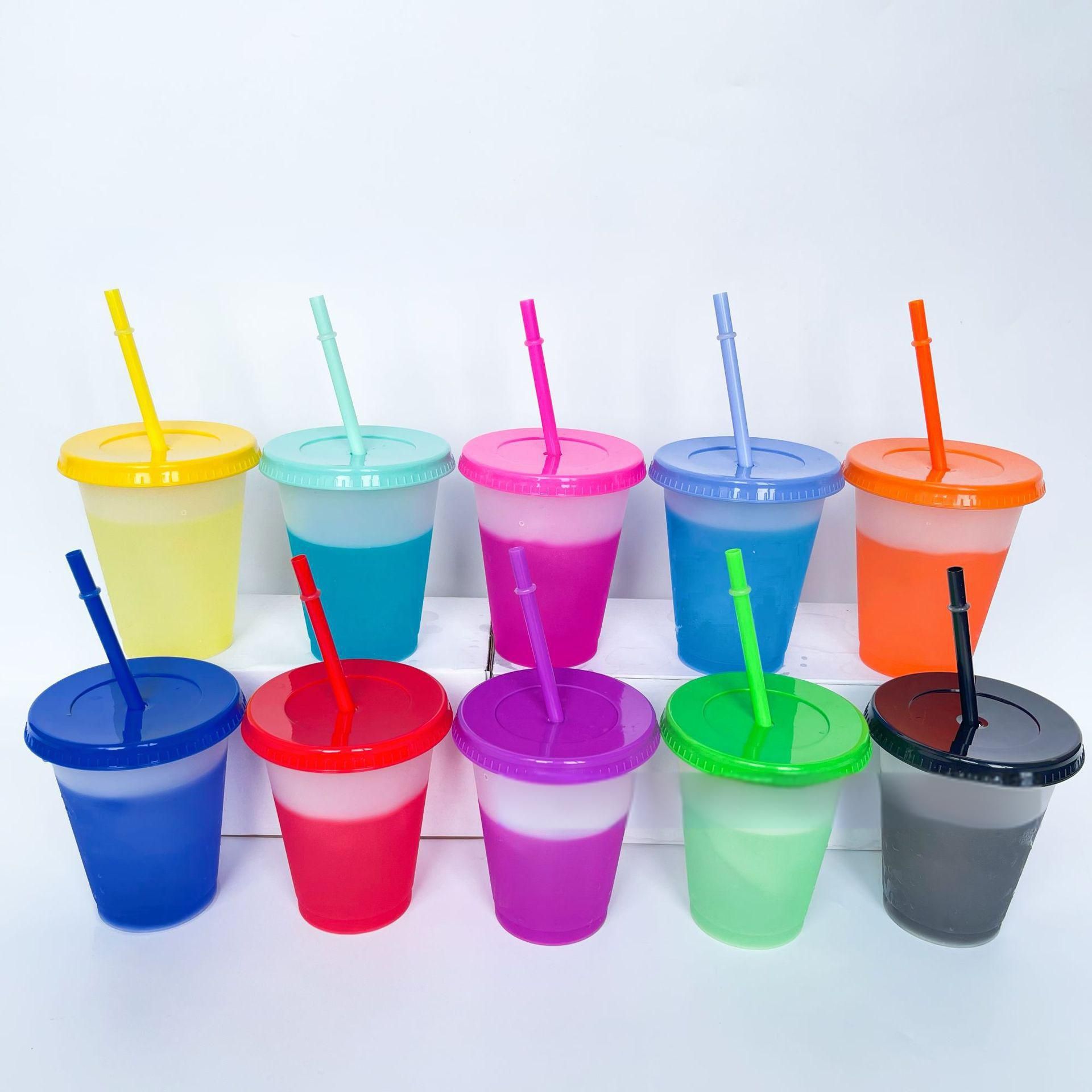 Color Changing Cups, 10 Pack 16oz Plastic Tumblers, Reusable Iced Coffee & Smoothie Cups with Lids and Straws for Parties and Travel - Image 1