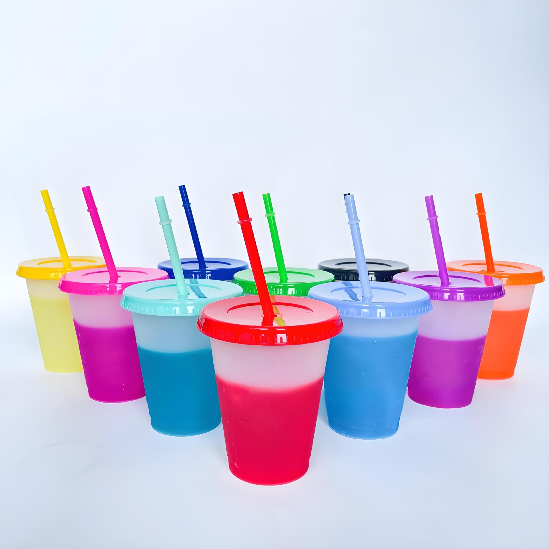Color Changing Cups, 10 Pack 16oz Plastic Tumblers, Reusable Iced Coffee & Smoothie Cups with Lids and Straws for Parties and Travel - Image 2