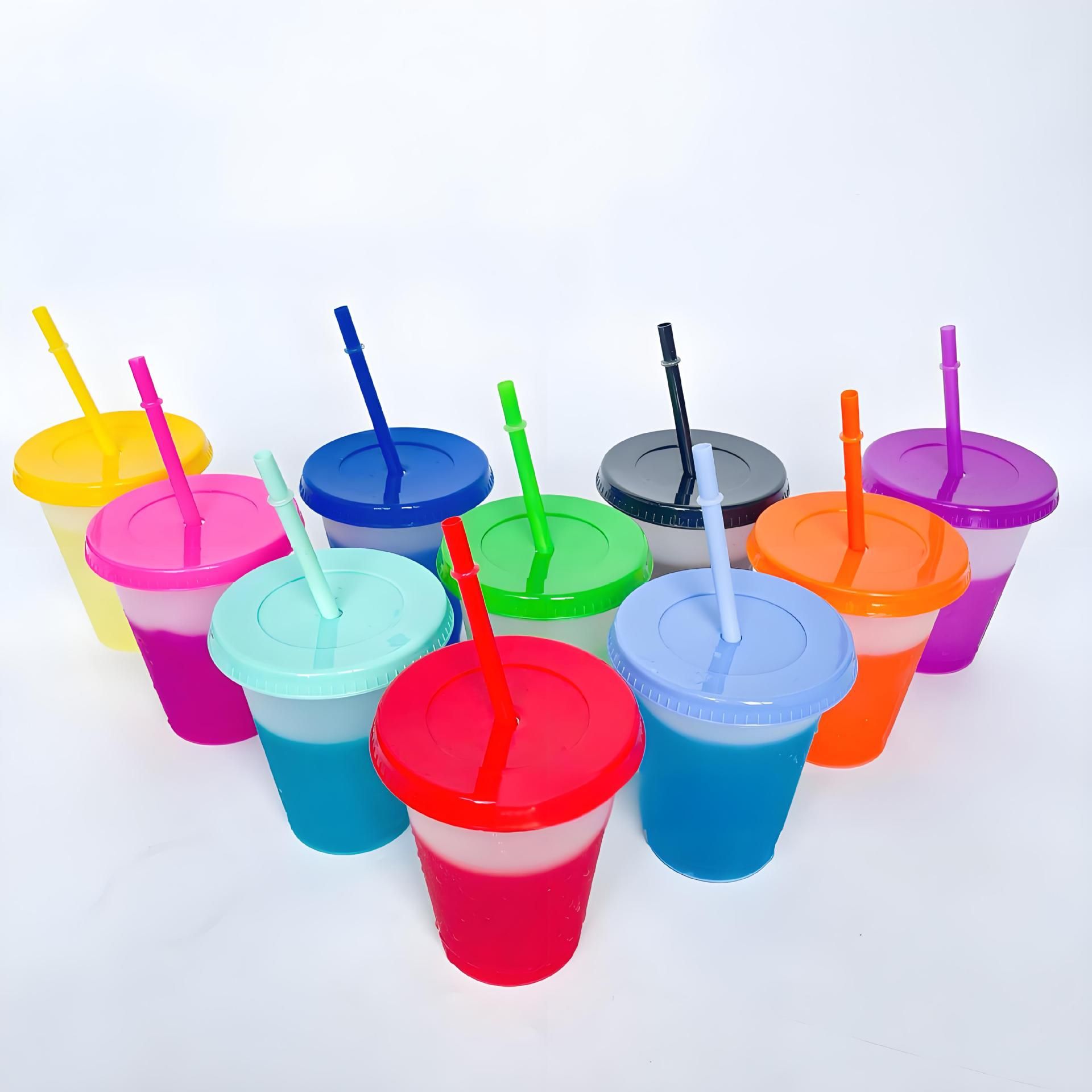 Color Changing Cups, 10 Pack 16oz Plastic Tumblers, Reusable Iced Coffee & Smoothie Cups with Lids and Straws for Parties and Travel - Image 4