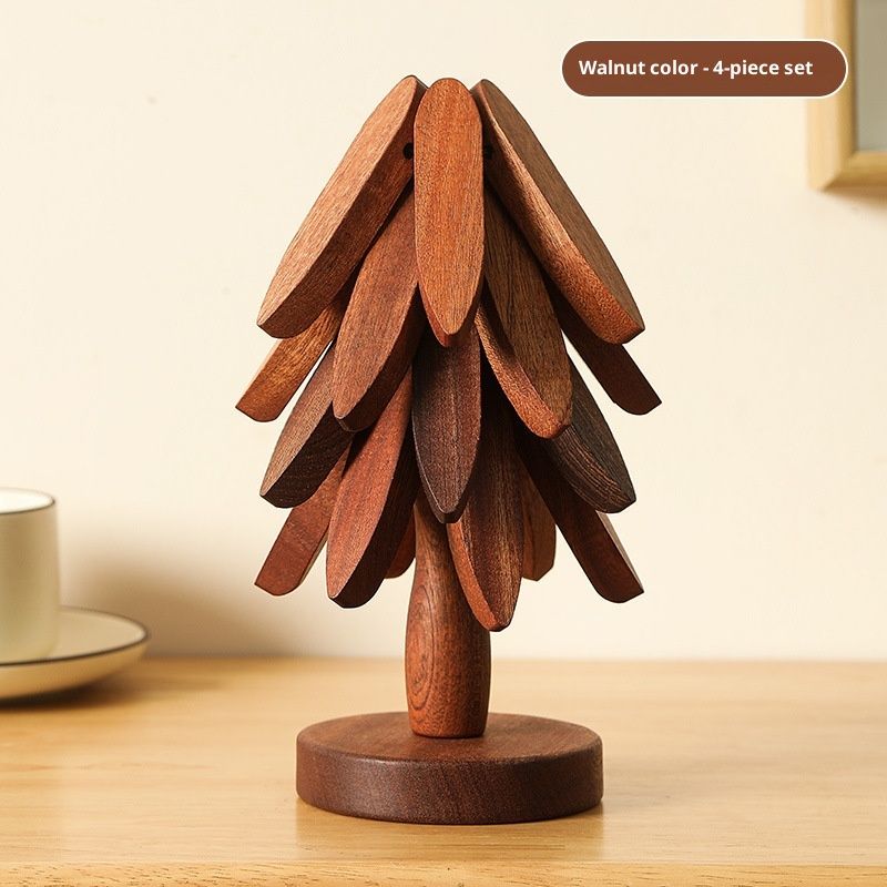 New Set of 4 Kitchen Table Decor Foldable Wooden Trivets for Hot Pots and Pans,Tree Shape Trivets walnut - Image 1