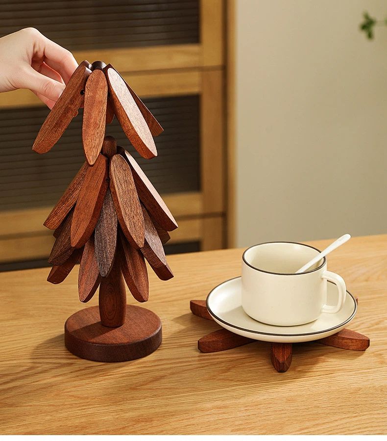 New Set of 4 Kitchen Table Decor Foldable Wooden Trivets for Hot Pots and Pans,Tree Shape Trivets walnut - Image 3