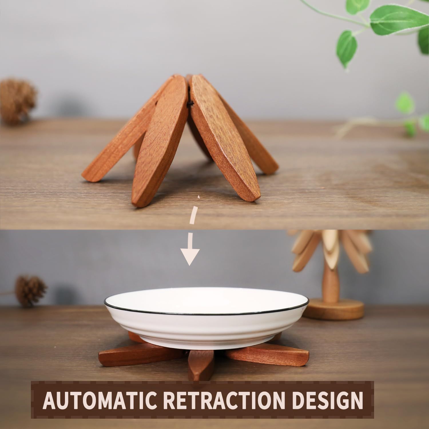 New Set of 4 Kitchen Table Decor Foldable Wooden Trivets for Hot Pots and Pans,Tree Shape Trivets walnut - Image 4