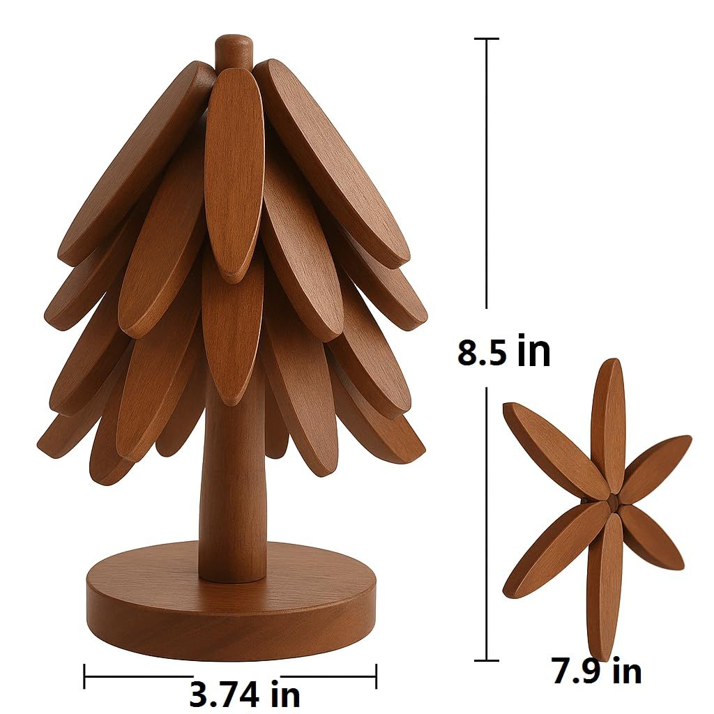 New Set of 4 Kitchen Table Decor Foldable Wooden Trivets for Hot Pots and Pans,Tree Shape Trivets walnut - Image 5