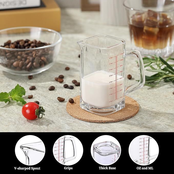 Shot Glass Measuring Cup, 4 OZ Espresso Measuring Glass with Handle and V-Shaped Spout, Small Measuring Cup with Thick Bottom for Baking Cocktail and Coffee - Image 2