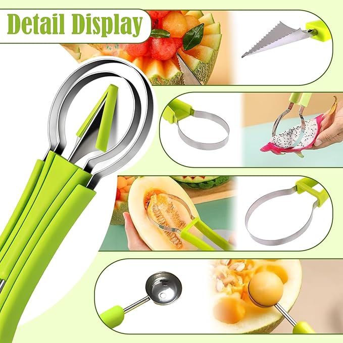 Melon Baller Scoop Set,4 In 1 fruit cutters shapes, watermelon scooper fruit scooper and baller, fruit carving tools（Green） - Image 2
