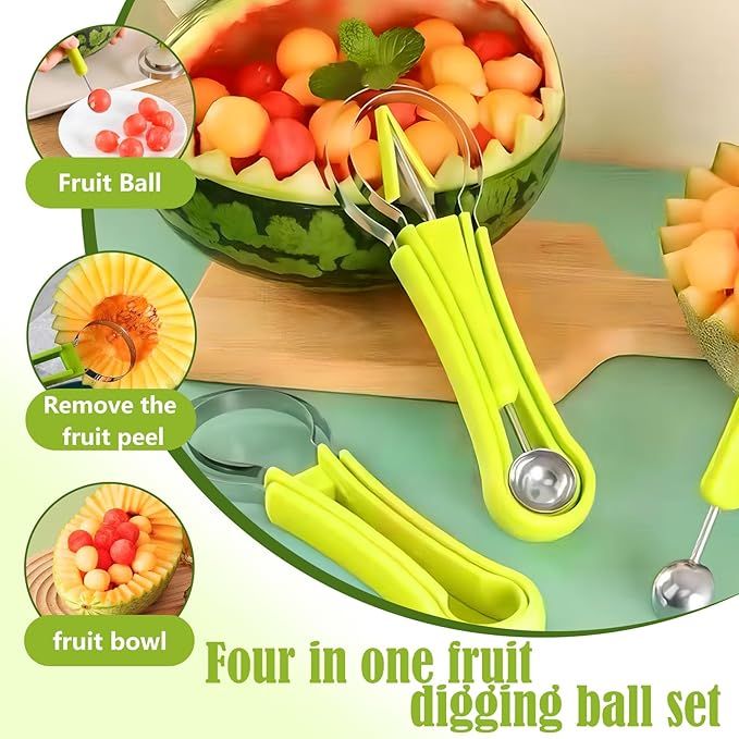 Melon Baller Scoop Set,4 In 1 fruit cutters shapes, watermelon scooper fruit scooper and baller, fruit carving tools（Green） - Image 3