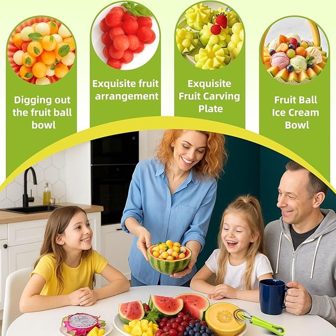 Melon Baller Scoop Set,4 In 1 fruit cutters shapes, watermelon scooper fruit scooper and baller, fruit carving tools（Green） - Image 4
