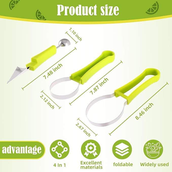 Melon Baller Scoop Set,4 In 1 fruit cutters shapes, watermelon scooper fruit scooper and baller, fruit carving tools（Green） - Image 5