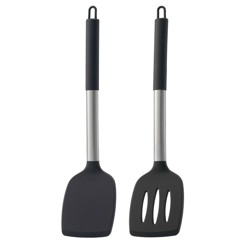 Pack of 2 Silicone Solid , Non Stick Slotted Kitchen Spatulas, High Heat Resistant BPA Free Cooking Utensils, Ideal Cookware for Fish, Eggs, Pancakes(Black) - Image 1