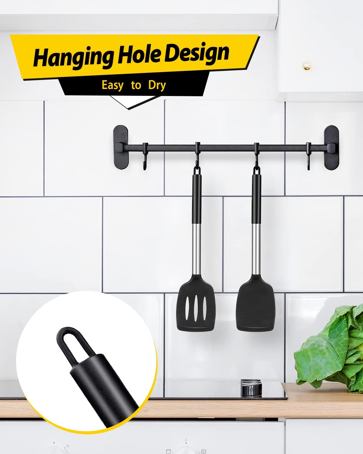 Pack of 2 Silicone Solid , Non Stick Slotted Kitchen Spatulas, High Heat Resistant BPA Free Cooking Utensils, Ideal Cookware for Fish, Eggs, Pancakes(Black) - Image 3
