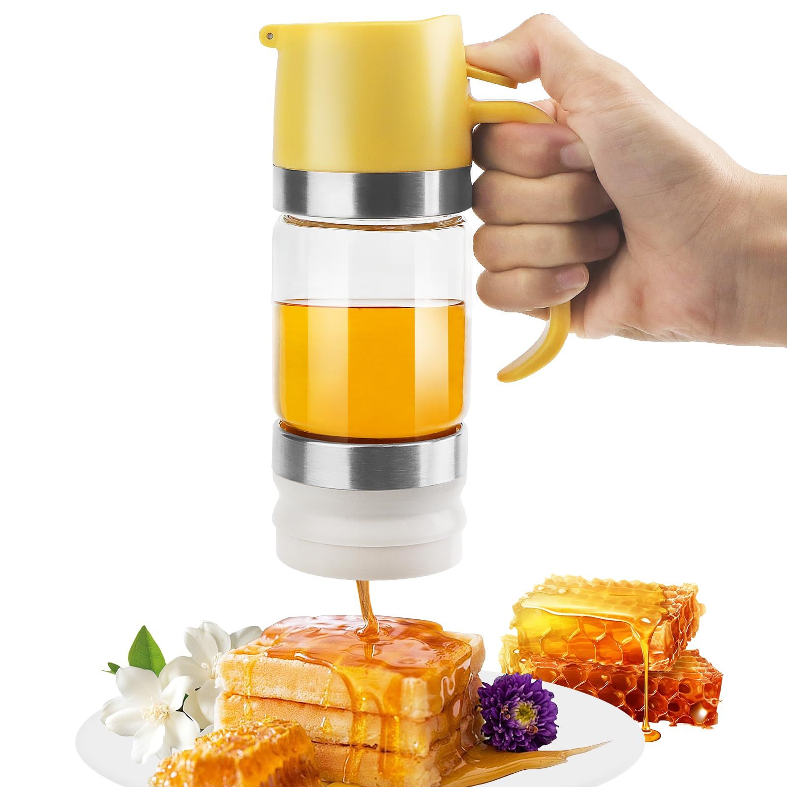 Glass Honey Dispenser Pot, No Drip 10 OZ Honey Jar with Handle, Syrup Dispenser for Coffee or Tea, Yellow white - Image 2