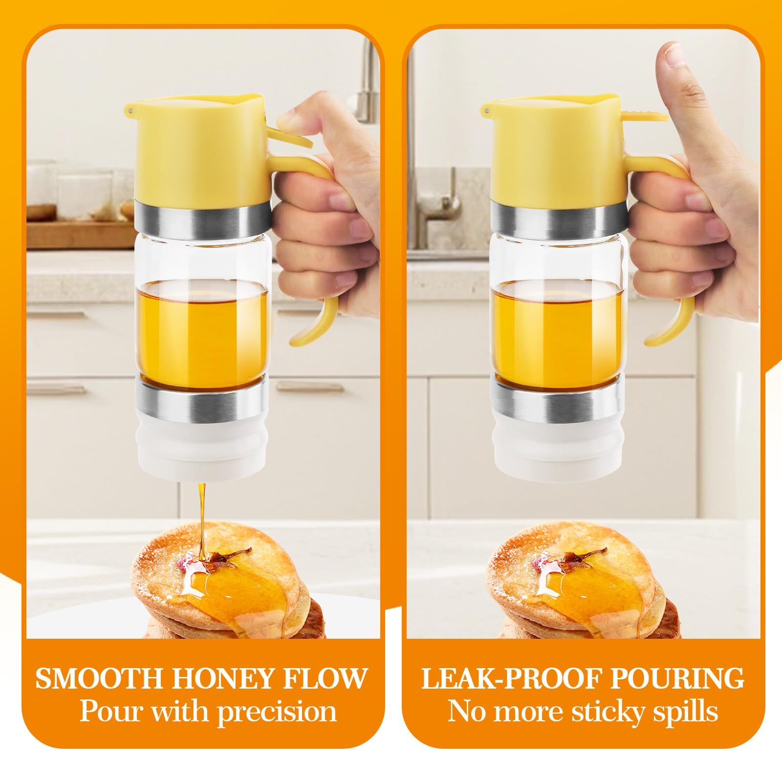 Glass Honey Dispenser Pot, No Drip 10 OZ Honey Jar with Handle, Syrup Dispenser for Coffee or Tea, Yellow white - Image 3
