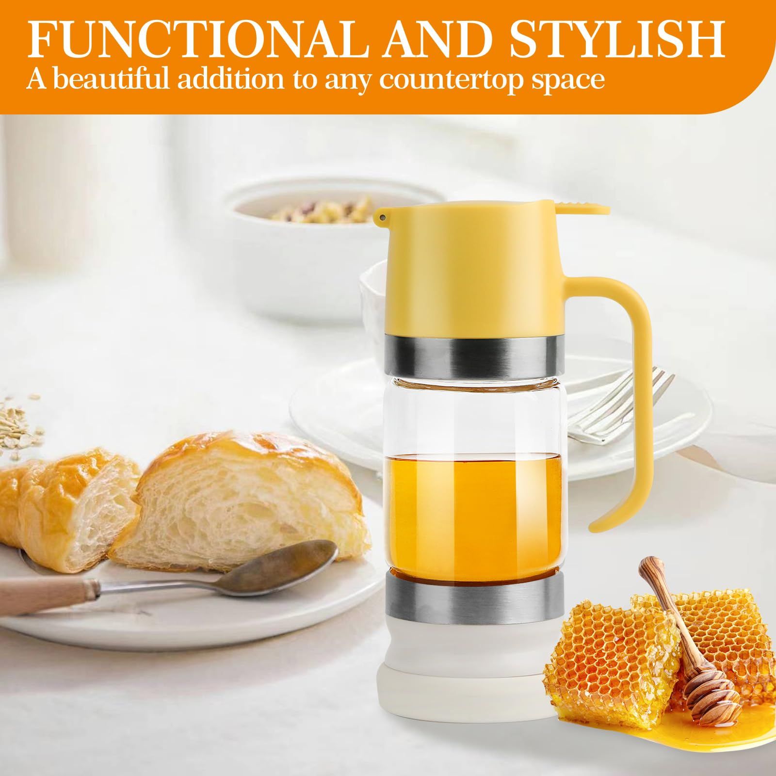 Glass Honey Dispenser Pot, No Drip 10 OZ Honey Jar with Handle, Syrup Dispenser for Coffee or Tea, Yellow white - Image 4