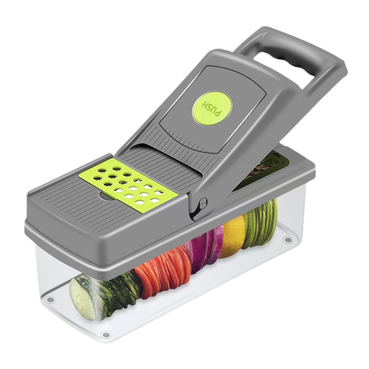 Vegetable Chopper, 7 Blade Veggie Chopper, Practical Food Chopper with Container, Cheese Grater, Home Essentials & Kitchen Gadgets(Green/Grey)（32*11*11cm) - Image 1