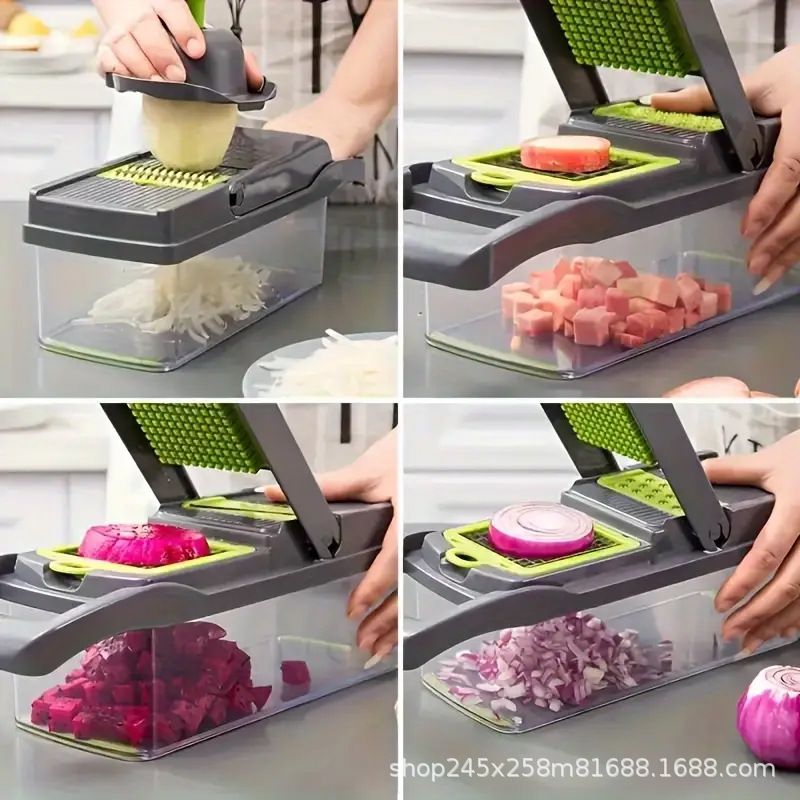 Vegetable Chopper, 7 Blade Veggie Chopper, Practical Food Chopper with Container, Cheese Grater, Home Essentials & Kitchen Gadgets(Green/Grey)（32*11*11cm) - Image 2