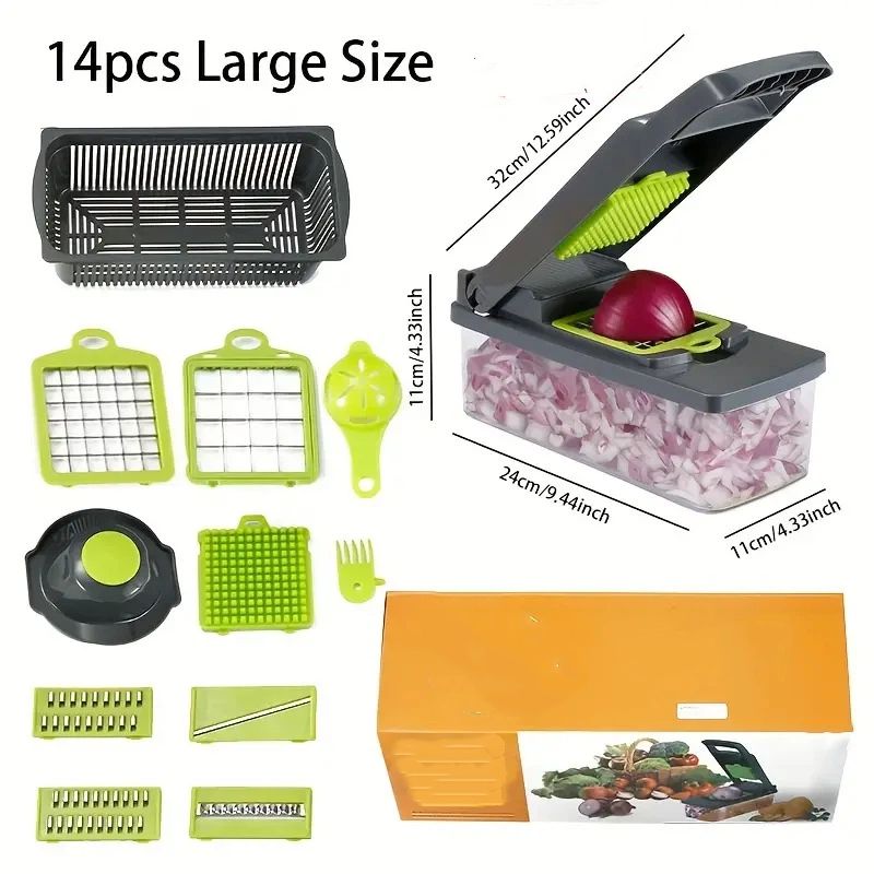 Vegetable Chopper, 7 Blade Veggie Chopper, Practical Food Chopper with Container, Cheese Grater, Home Essentials & Kitchen Gadgets(Green/Grey)（32*11*11cm) - Image 4