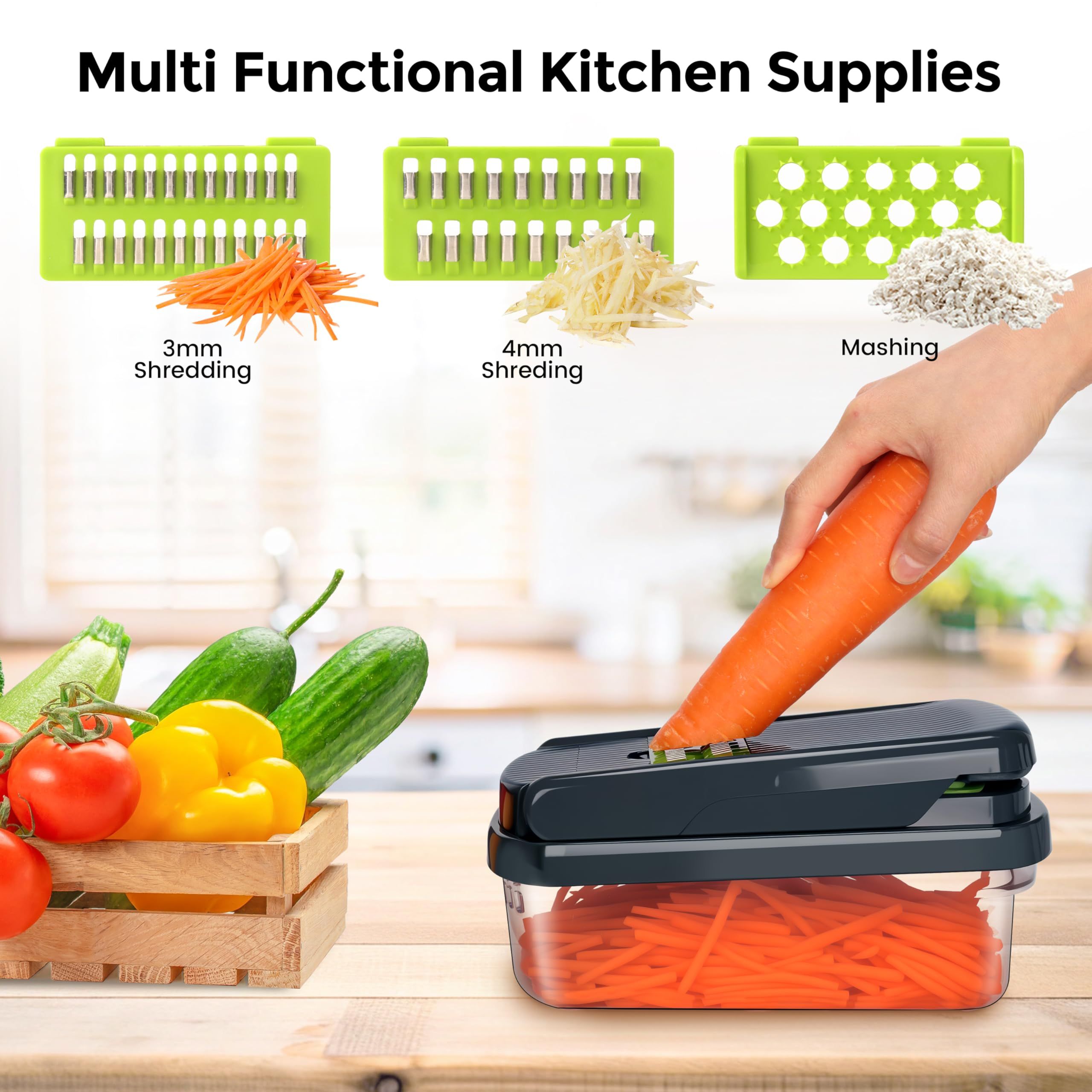 Vegetable Chopper, 7 Blade Veggie Chopper, Practical Food Chopper with Container, Cheese Grater, Home Essentials & Kitchen Gadgets(Green/Grey)（32*11*11cm) - Image 5