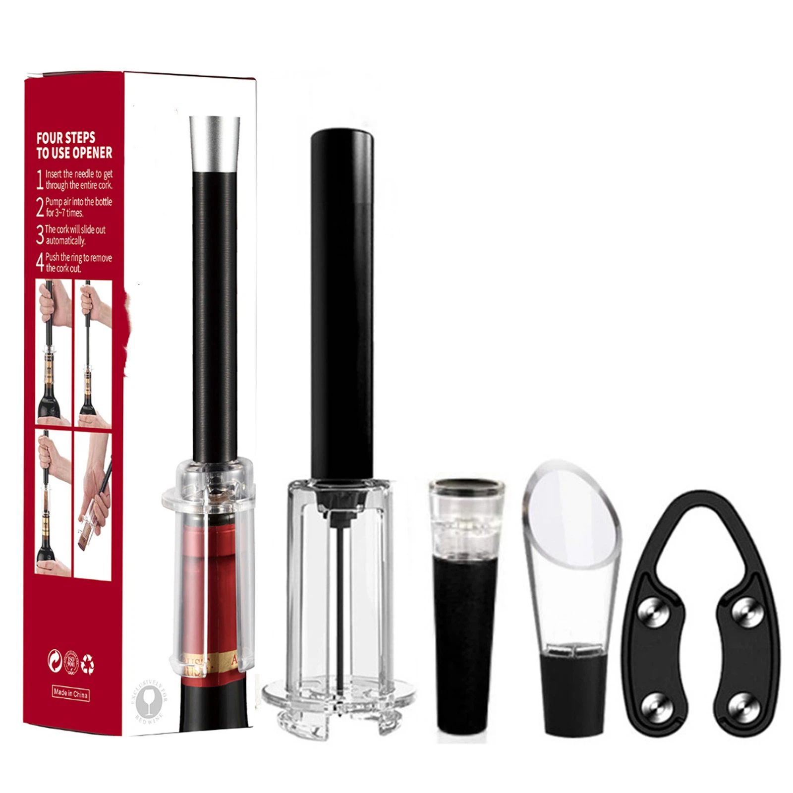 4 in 1 Wine Opening Set,Air Pressure Pump Wine Bottle Opener,Easy Cork Remover Corkscrew,Corkscrew Wine Opener Wine Opener Aluminum Alloy Handle(black) - Image 1