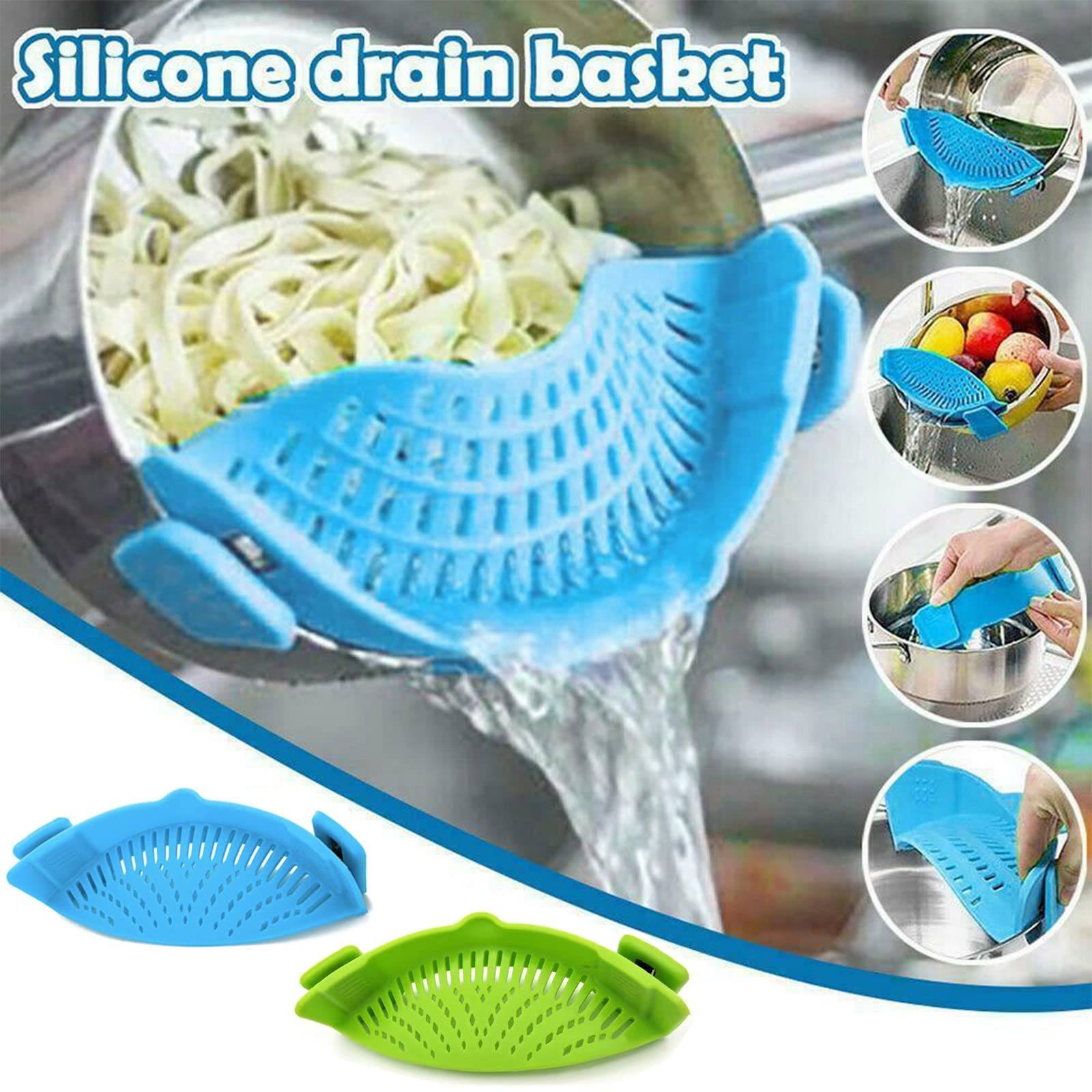 Strainer, 2 Packs of Hands-free Clip-on Heat Resistant Colander Pour Spout for Pasta Vegetable Noodles Pot bowl Pan （green+ blue） - Image 2