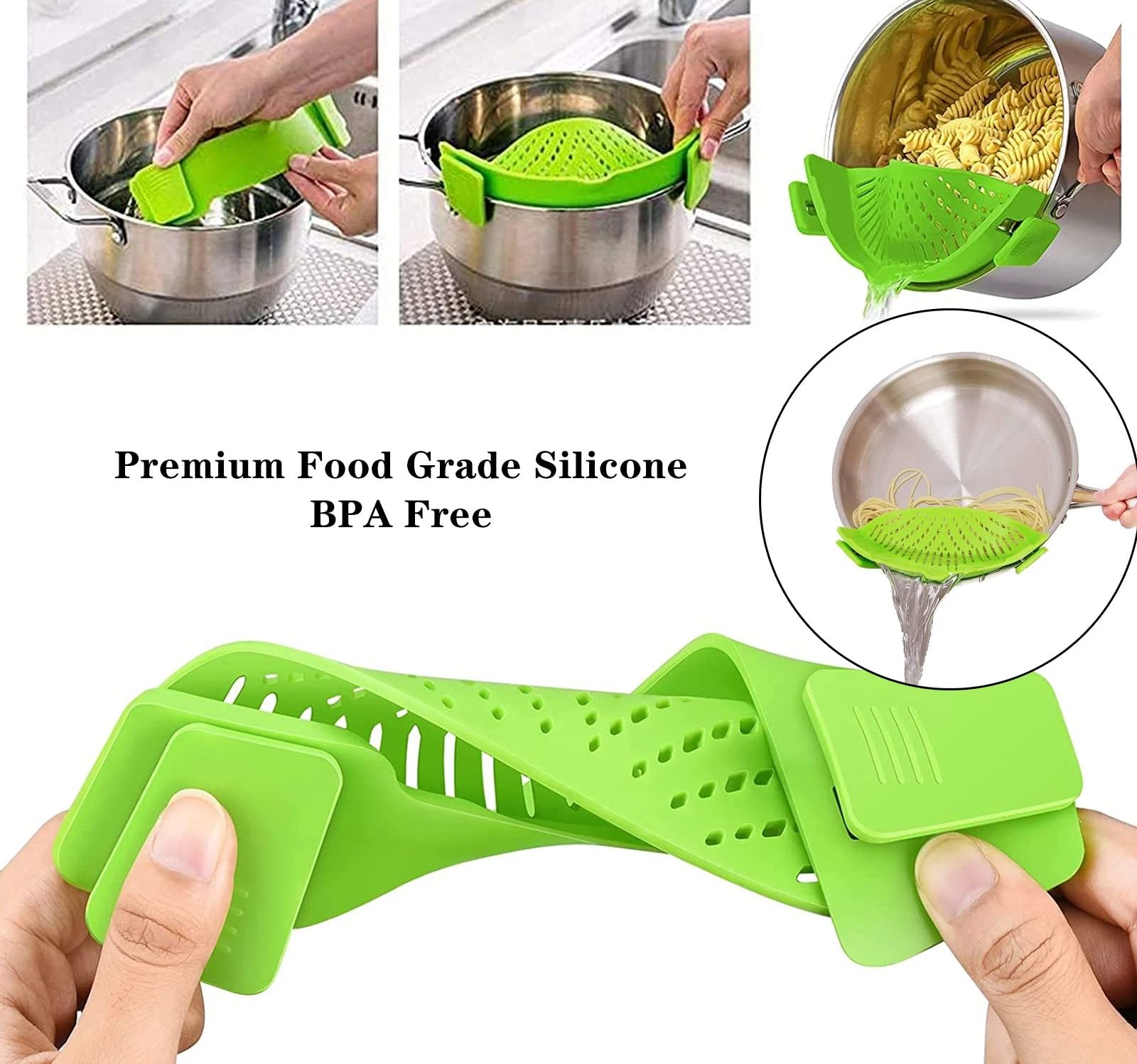 Strainer, 2 Packs of Hands-free Clip-on Heat Resistant Colander Pour Spout for Pasta Vegetable Noodles Pot bowl Pan （green+ blue） - Image 3