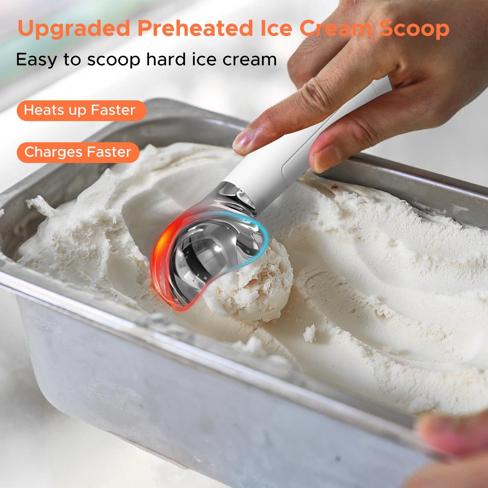 Heated Ice Cream Scoop, Rechargeable Electric Warming Scooper, Heats to for Hard Ice Cream,  Waterproof, Easy for Seniors & Kids (White，17.8*4.3cm) - Image 4