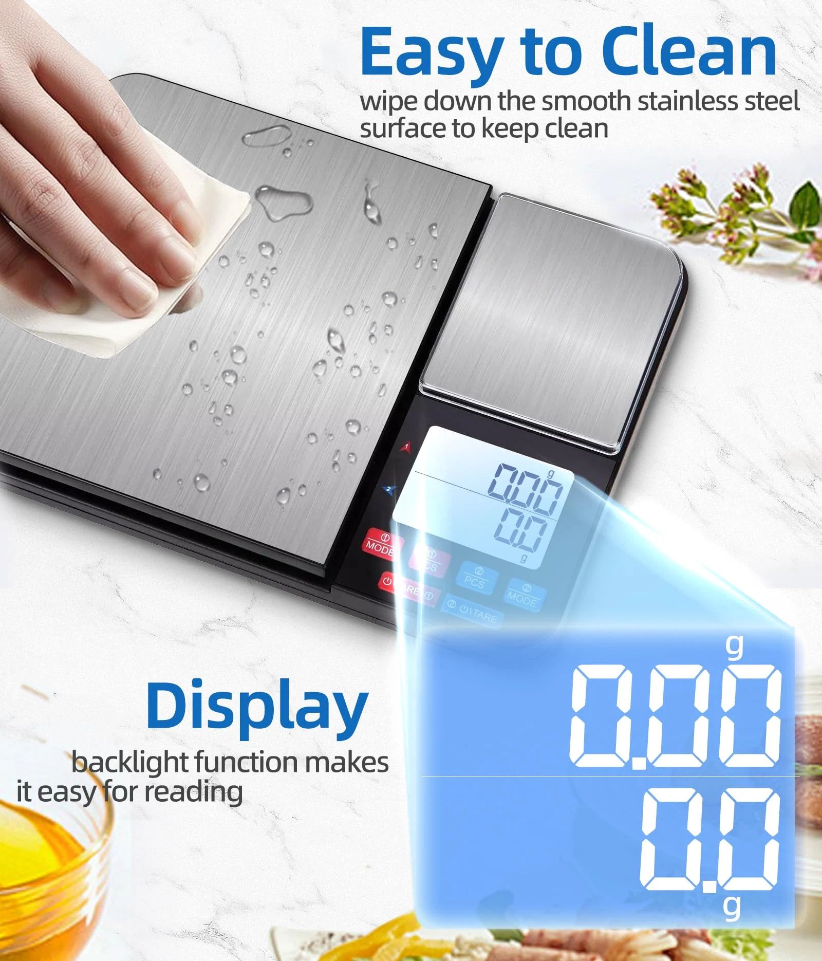 Dual Platform Digital Kitchen Scales, Food Scales with Two Precision, for Baking Cooking Coffee Jewelry, with Stainless Steel（195*140*27mm） - Image 3