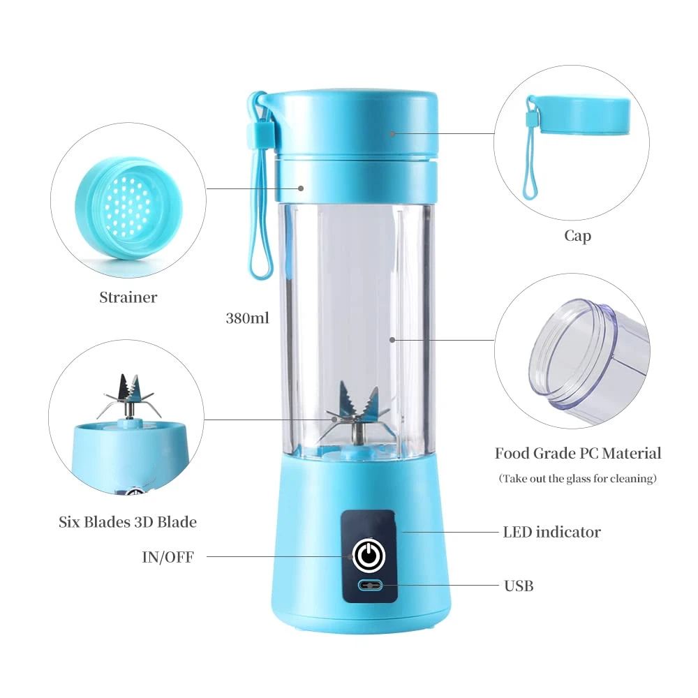 Portable Blender, Personal Mixer Fruit Rechargeable with , Mini Blender for Smoothie, Blue Six Blades 400ml（8*8*25cm) - Image 4