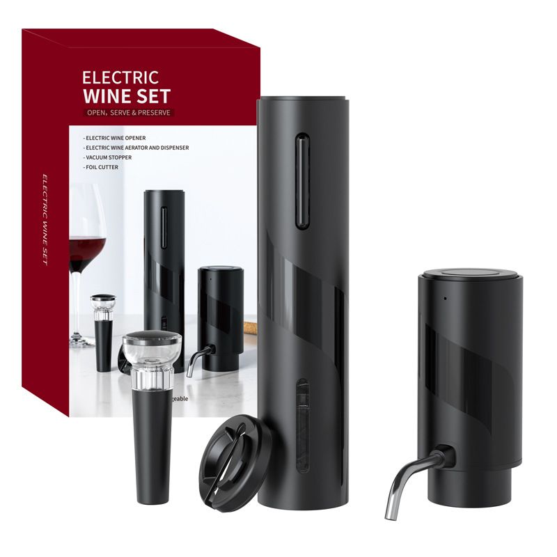 Electric Wine Bottle Opener Set Rechargeable Wine Set with Foil Cutter, Electric Wine Opener, Electric 2in-1 Wine Aerator & Pourer, Electric Vacuum Pump and Wine Stoppers, Black - Image 1
