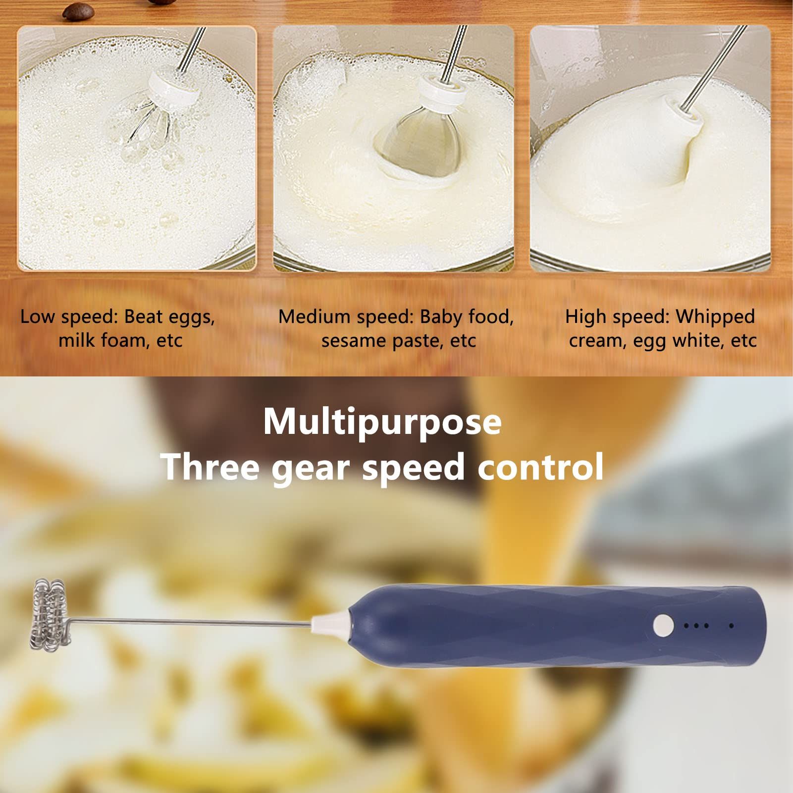 Handheld Milk Frother, Coffee Foam Maker USB Rechargeable Hand Drink Mixer 3 Speeds Electric Whisk Adjustable Hand Held Blender with 2 Heads (Blue) - Image 4