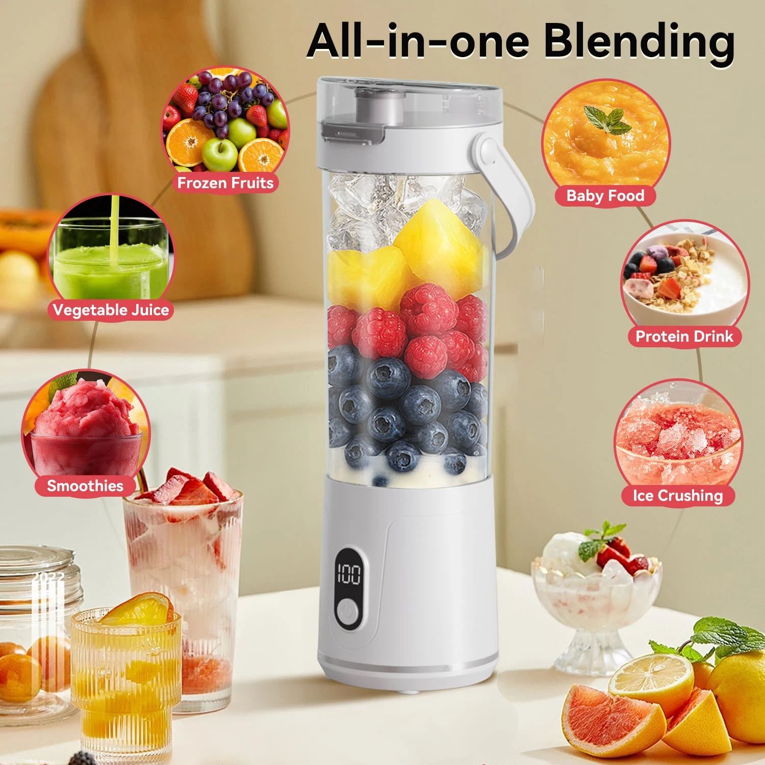 Portable Personal Electric USB Juicer，500ML Mini Blender Portable Blender For Shakes and Smoothies juice，12 Blades Great for Mixing，Compact、Convenient and Versatile (white) - Image 3