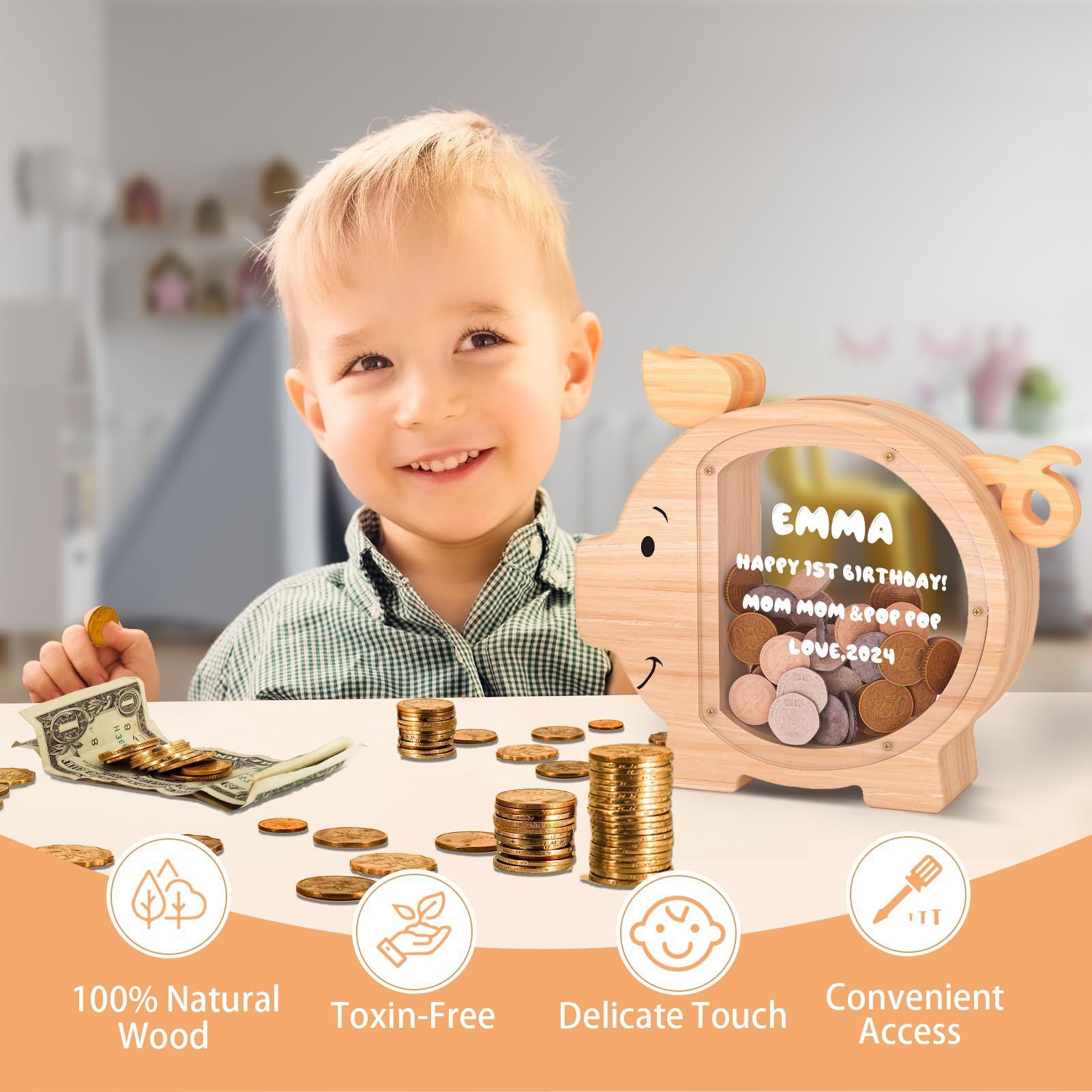 Wooden Piggy Bank for Kids Cute Money Bank for Boys and Girls Clear Wood Money Box Personalized Saving Money Jar, Creative Present for Children Birthday Chrismas & Decor (Naturl Wood, Standard) - Image 2