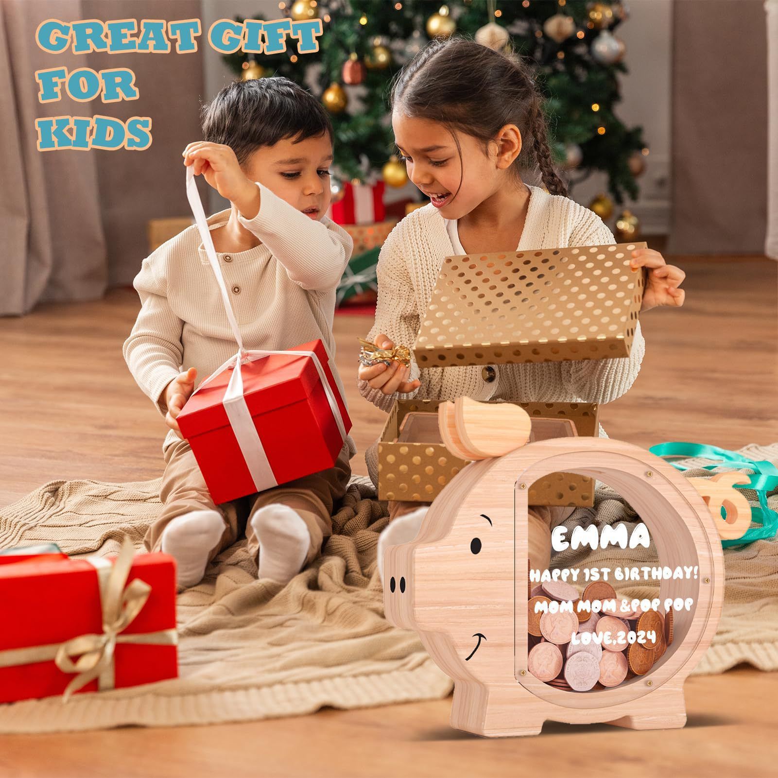 Wooden Piggy Bank for Kids Cute Money Bank for Boys and Girls Clear Wood Money Box Personalized Saving Money Jar, Creative Present for Children Birthday Chrismas & Decor (Naturl Wood, Standard) - Image 3