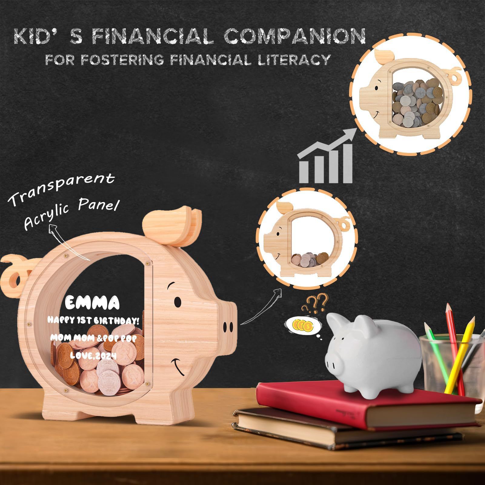 Wooden Piggy Bank for Kids Cute Money Bank for Boys and Girls Clear Wood Money Box Personalized Saving Money Jar, Creative Present for Children Birthday Chrismas & Decor (Naturl Wood, Standard) - Image 4