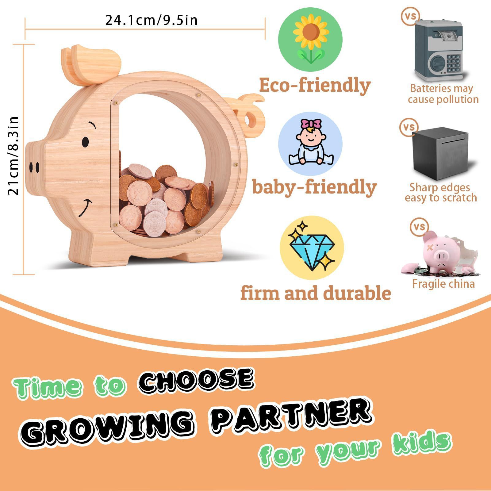 Wooden Piggy Bank for Kids Cute Money Bank for Boys and Girls Clear Wood Money Box Personalized Saving Money Jar, Creative Present for Children Birthday Chrismas & Decor (Naturl Wood, Standard) - Image 5