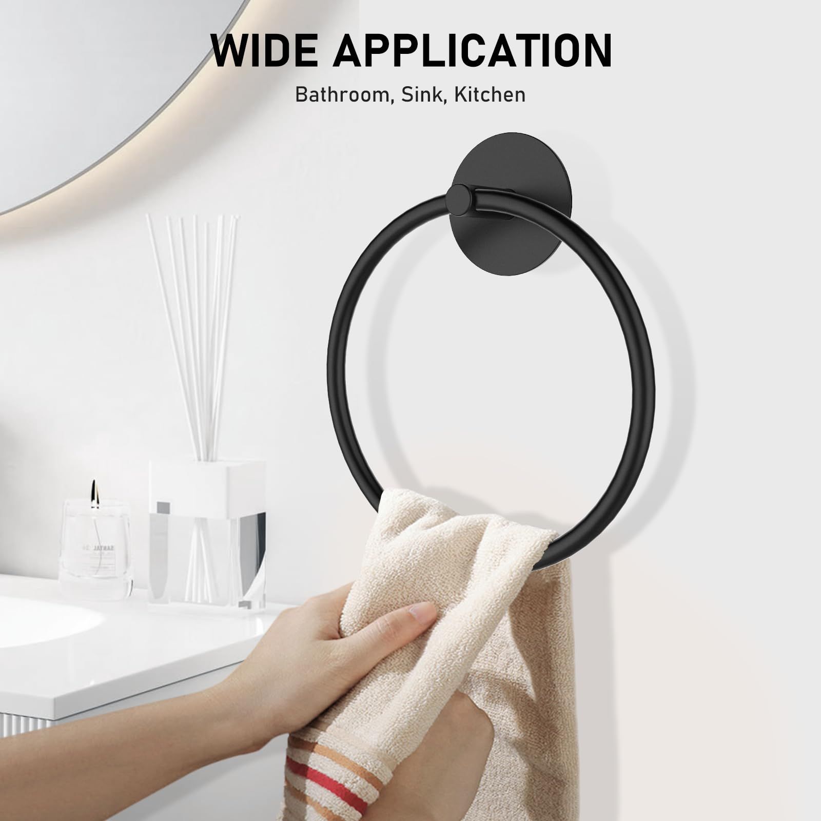 Modern Bathroom Hand Towel Ring, Bathroom Accessories Bath Towel Hanger for Kitchen,Matte Black（18*15.5cm)（The packaging includes three screws） - Image 4