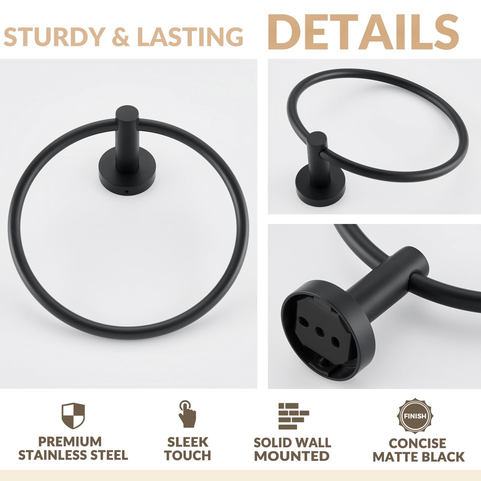Modern Bathroom Hand Towel Ring, Bathroom Accessories Bath Towel Hanger for Kitchen,Matte Black（18*15.5cm)（The packaging includes three screws） - Image 5