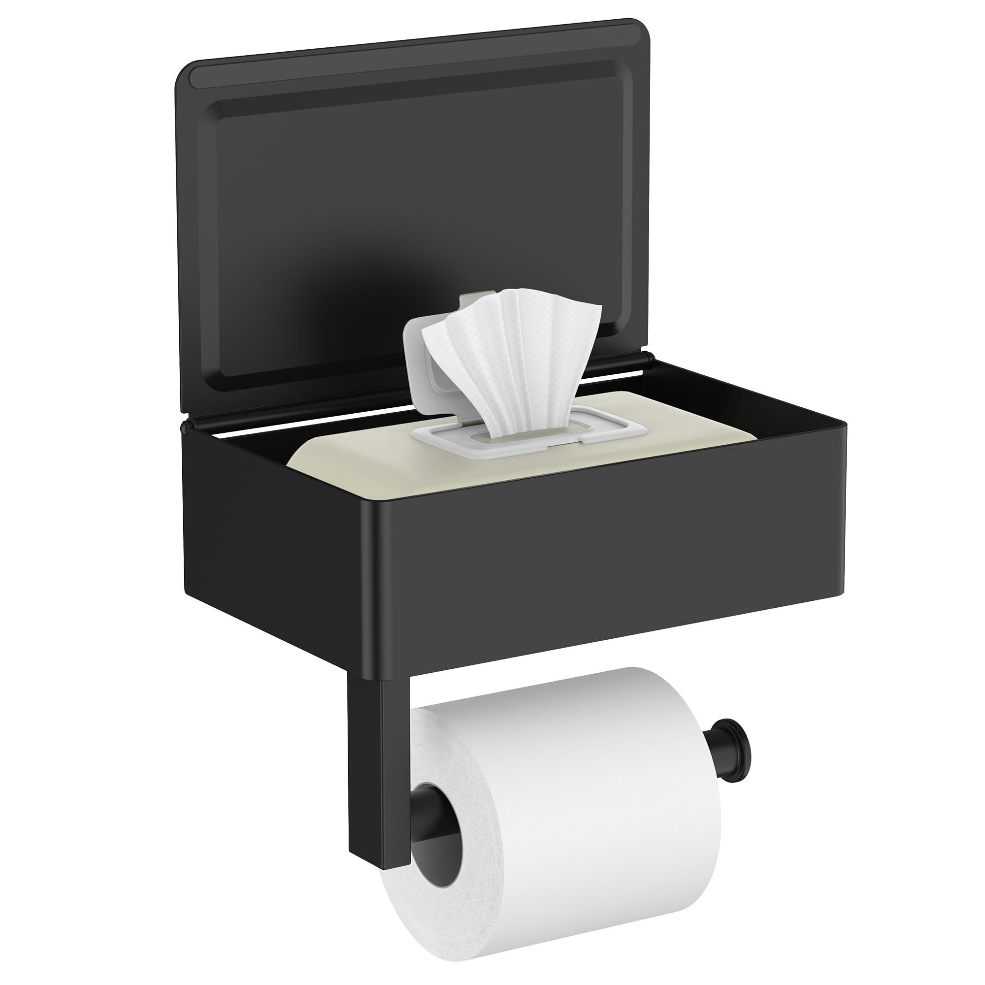 Matte Black Toilet Paper Holder with Shelf, Wipe Holder for Bathroom Flushable Wipes Dispenser Toilet Paper and Wipes Holder Toilet Paper Holder with Storage（20.5*13*15.5cm) - Image 1