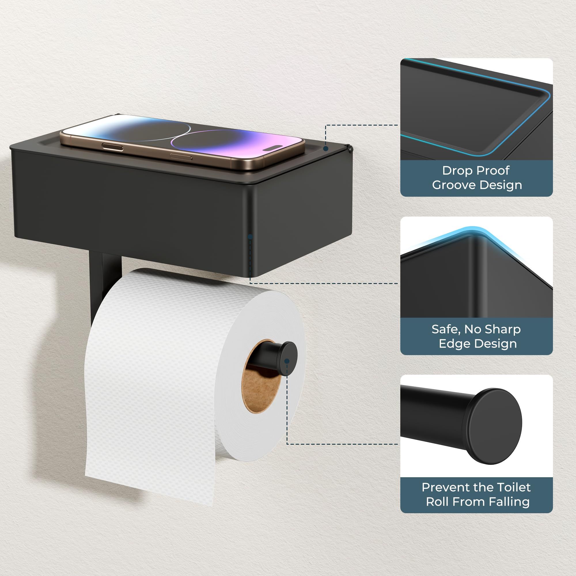 Matte Black Toilet Paper Holder with Shelf, Wipe Holder for Bathroom Flushable Wipes Dispenser Toilet Paper and Wipes Holder Toilet Paper Holder with Storage（20.5*13*15.5cm) - Image 2