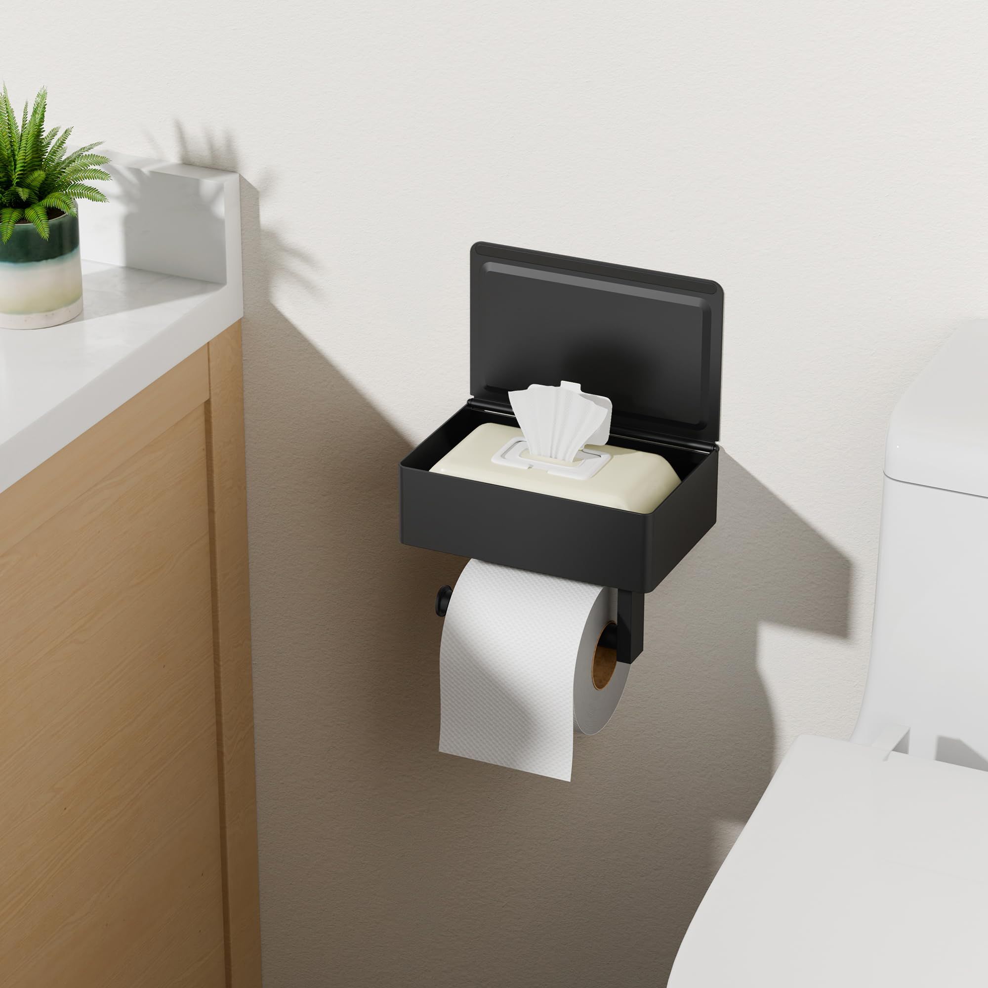 Matte Black Toilet Paper Holder with Shelf, Wipe Holder for Bathroom Flushable Wipes Dispenser Toilet Paper and Wipes Holder Toilet Paper Holder with Storage（20.5*13*15.5cm) - Image 4