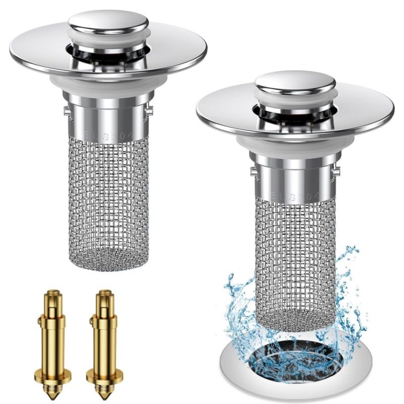 2PCS Bathroom Sink Stopper Strainer, Pop-Up Bathroom Sink Drain Strainer with Removable Stainless Steel Hair Catcher Basket, Universal Fit for US Bathroom Sinks, Bathtubs, Showers & Floor Drains（8*5.5*3.3cm) - Image 1