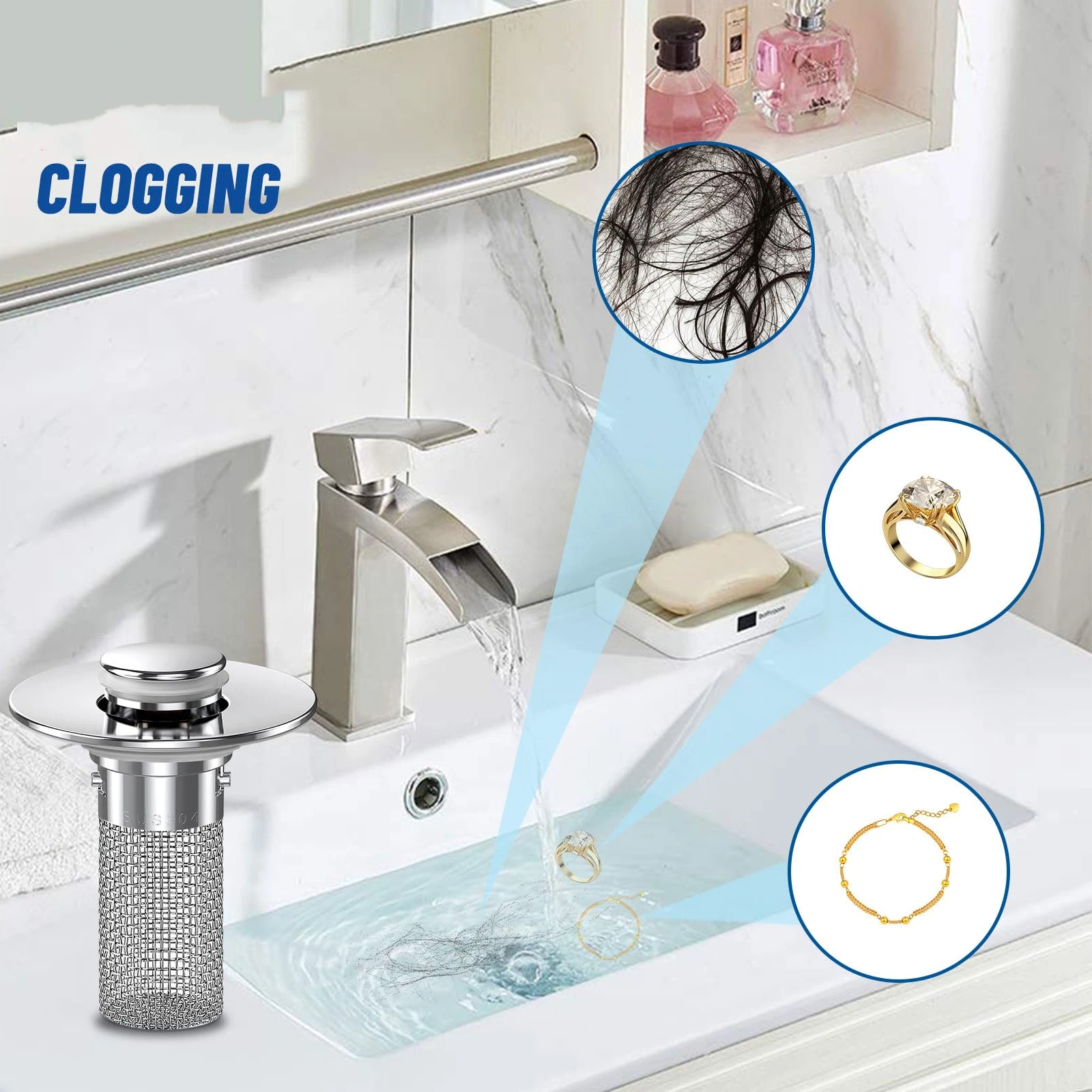 2PCS Bathroom Sink Stopper Strainer, Pop-Up Bathroom Sink Drain Strainer with Removable Stainless Steel Hair Catcher Basket, Universal Fit for US Bathroom Sinks, Bathtubs, Showers & Floor Drains（8*5.5*3.3cm) - Image 2