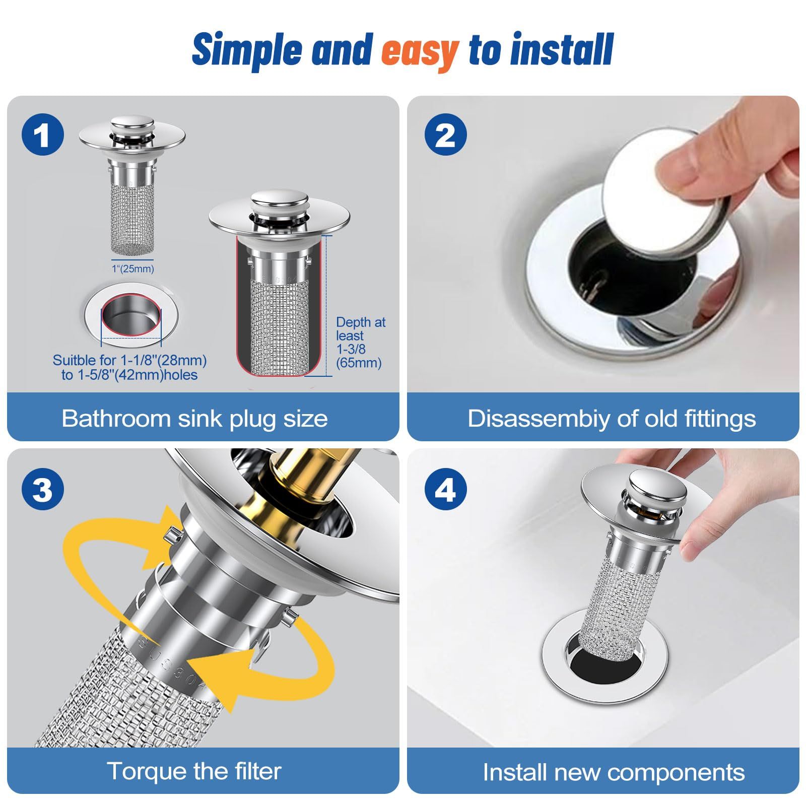 2PCS Bathroom Sink Stopper Strainer, Pop-Up Bathroom Sink Drain Strainer with Removable Stainless Steel Hair Catcher Basket, Universal Fit for US Bathroom Sinks, Bathtubs, Showers & Floor Drains（8*5.5*3.3cm) - Image 4