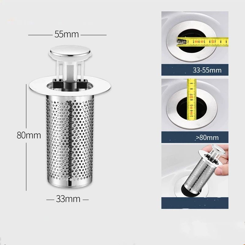 2PCS Bathroom Sink Stopper Strainer, Pop-Up Bathroom Sink Drain Strainer with Removable Stainless Steel Hair Catcher Basket, Universal Fit for US Bathroom Sinks, Bathtubs, Showers & Floor Drains（8*5.5*3.3cm) - Image 5