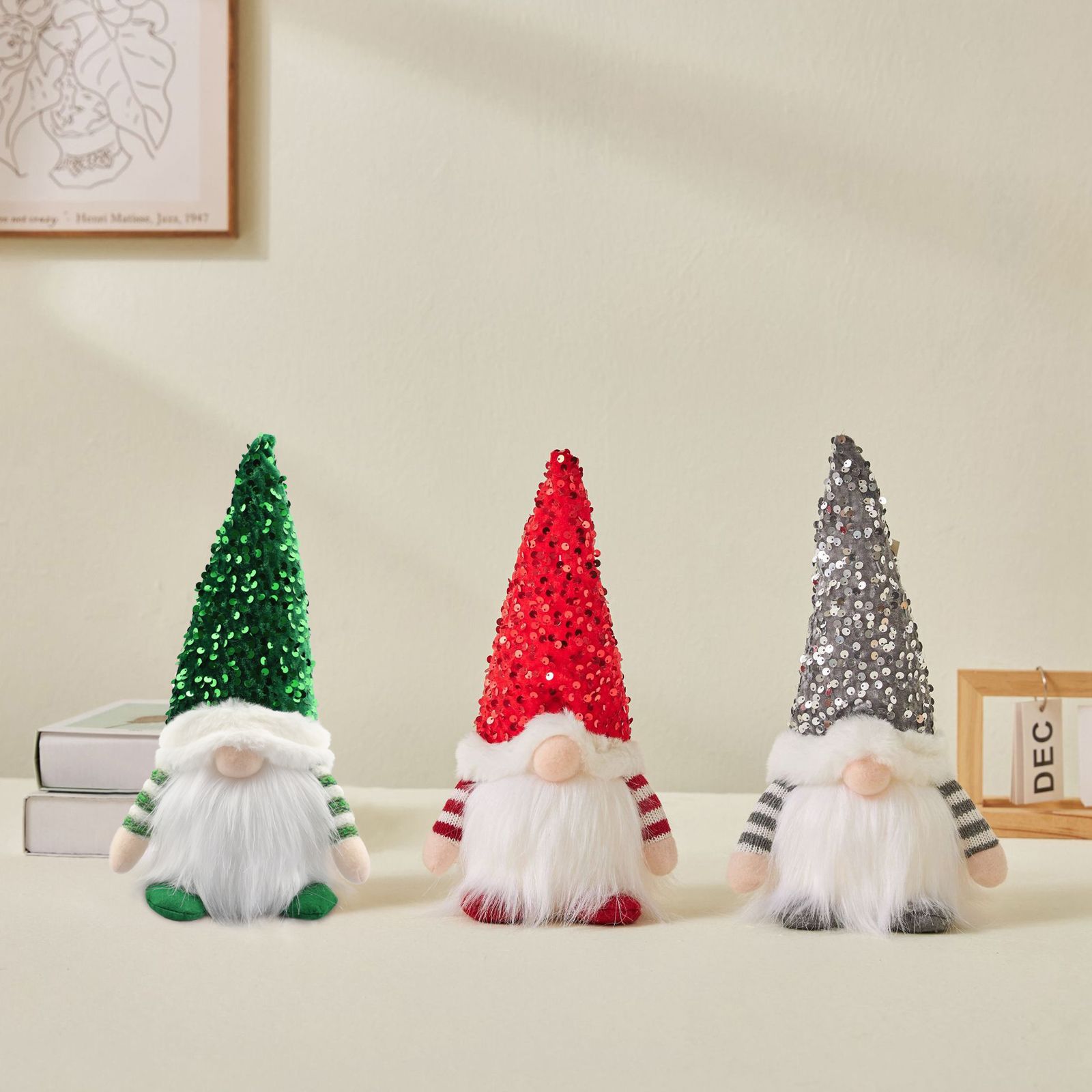Lighted Christmas Gnome, Handmade Sequins Hat  , Light Up Plush Elf Toy Holiday Present, Battery Operated Winter Tabletop Christmas Decorations,3 pcs(red,gray,green)Single size 30 * 16cm - Image 1