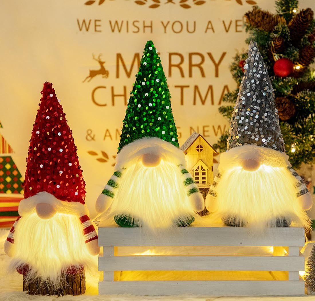 Lighted Christmas Gnome, Handmade Sequins Hat  , Light Up Plush Elf Toy Holiday Present, Battery Operated Winter Tabletop Christmas Decorations,3 pcs(red,gray,green)Single size 30 * 16cm - Image 2