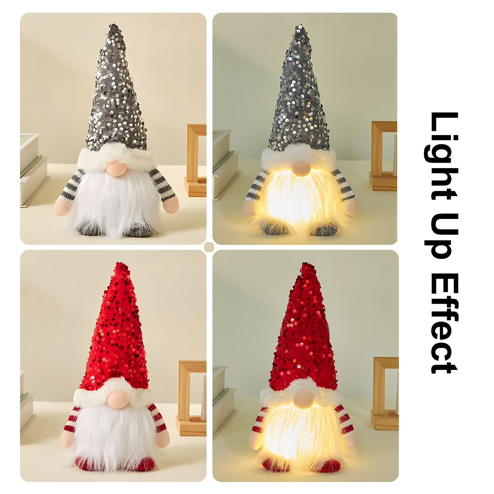 Lighted Christmas Gnome, Handmade Sequins Hat  , Light Up Plush Elf Toy Holiday Present, Battery Operated Winter Tabletop Christmas Decorations,3 pcs(red,gray,green)Single size 30 * 16cm - Image 3