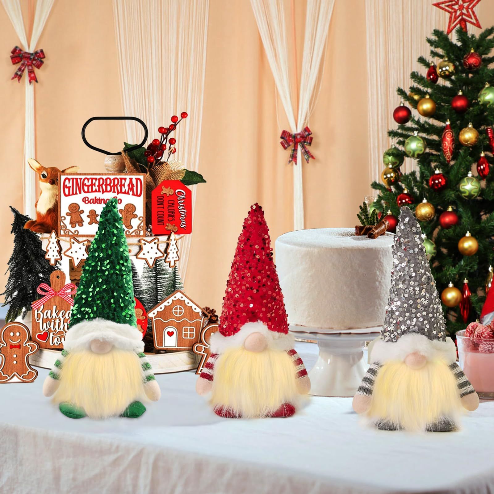 Lighted Christmas Gnome, Handmade Sequins Hat  , Light Up Plush Elf Toy Holiday Present, Battery Operated Winter Tabletop Christmas Decorations,3 pcs(red,gray,green)Single size 30 * 16cm - Image 4