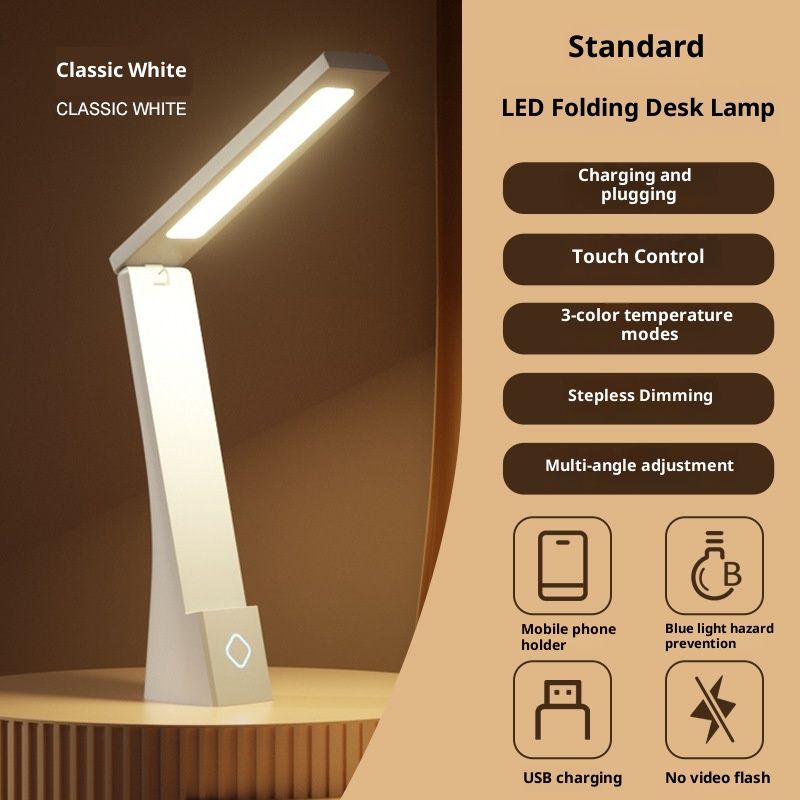 Powered Rechargeable Battery LED Desk Lamp, 3 Color Temperatures, Flip Open,Adjustable Angle, Phone Stand & Flicker-Free Eye Comfort, White - Image 2