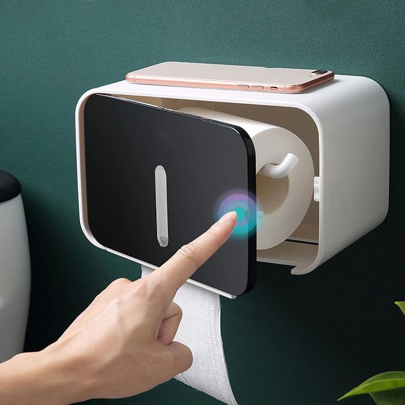 Outdoor Waterproof Toilet Paper Holder for Bathroom - Pet Proof Plastic Tissue Holder Dispenser Full Cover Adhesive Mounted, Toilet Paper Roll（black 21*13.5*13.5cm） - Image 2